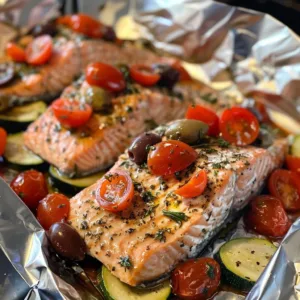 Mediterranean Salmon foil packets with vegetables ready for grilling