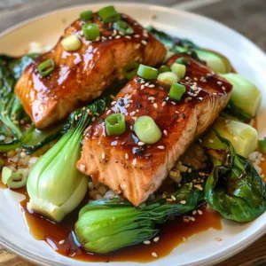 Delicious Miso Salmon served with bok choy on a plate