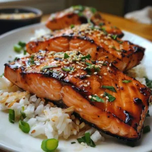 Plate of miso salmon served with fluffy rice and vibrant vegetables.