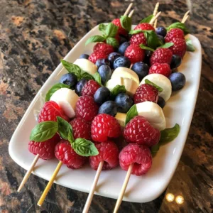 Colorful Mixed Berry Caprese skewers with fresh basil and mozzarella.
