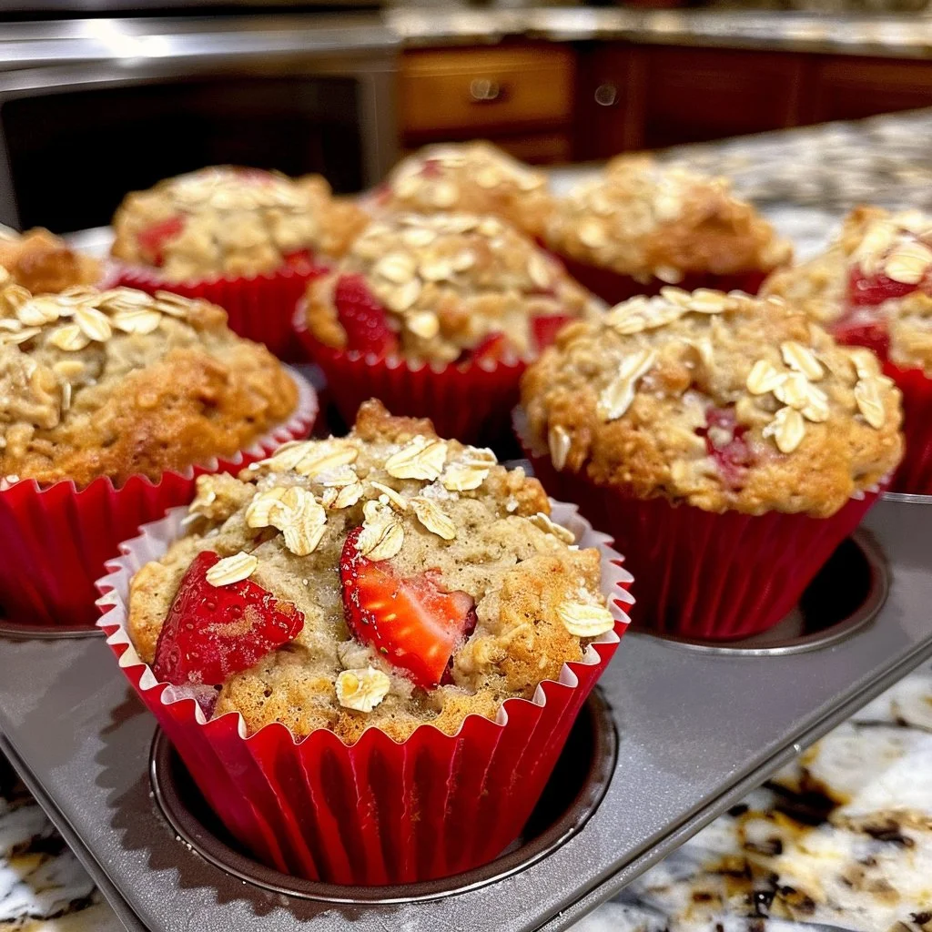 Moist strawberry yogurt oat muffins with fresh strawberries on top