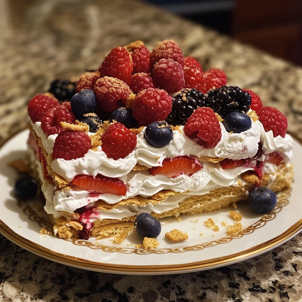 Delicious no-bake berry lasagna with layers of cream and fresh berries.