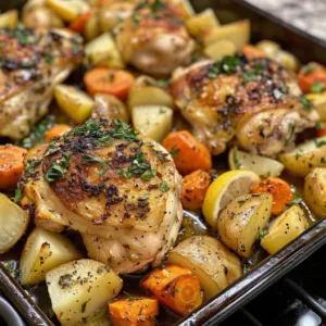 One-Pan Lemon Garlic Chicken with colorful vegetables ready to serve