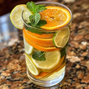 Orange Lemon Mint Infused Water served in a glass for hydration and refreshing taste.