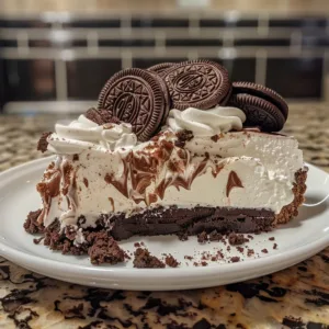 Delicious Oreo Dirt Cake Cheesecake topped with crushed Oreos and chocolate