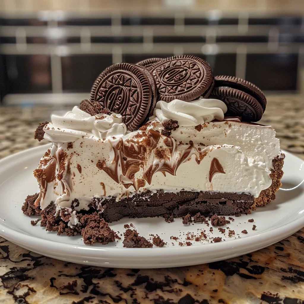 Delicious Oreo Dirt Cake Cheesecake topped with crushed Oreos and chocolate