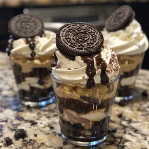 Delicious Oreo Dirt Pudding Cups served in clear cups with crushed Oreos on top