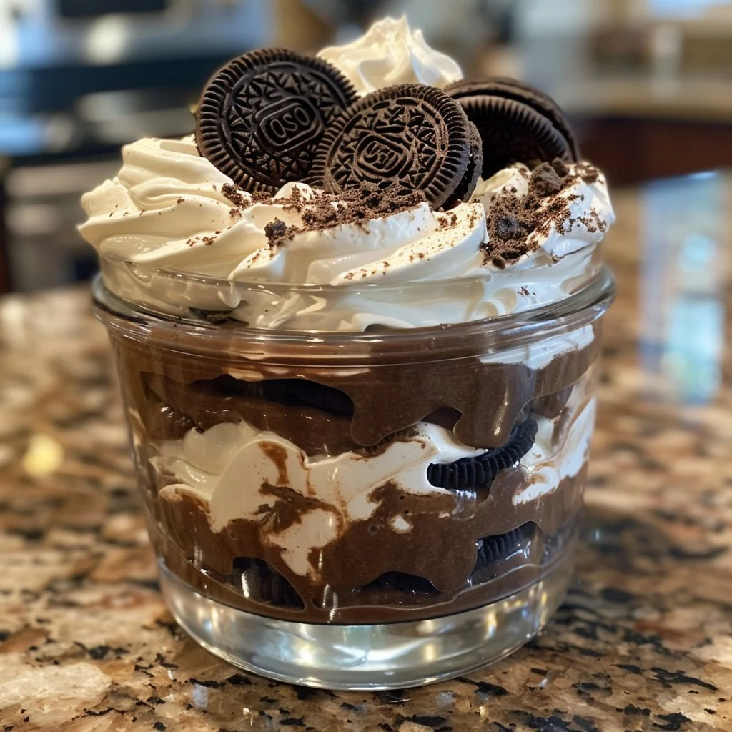 Oreo Dirt Trifle dessert in a glass with chocolate and cream layers