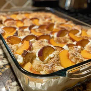 Peach cream cheese dump cake topped with fresh peaches and whipped cream