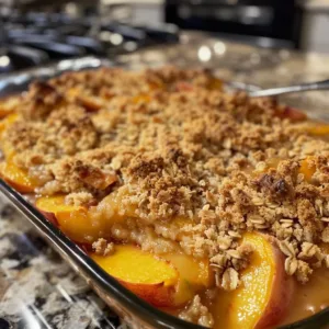 Delicious homemade Peach Crisp with golden oat topping and fresh peaches