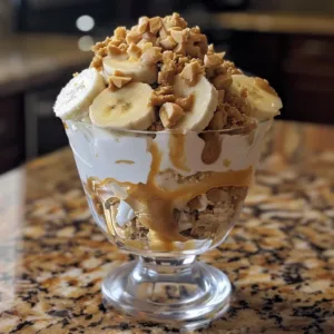 Peanut Butter Yogurt Parfait topped with banana slices and a peanut butter swirl