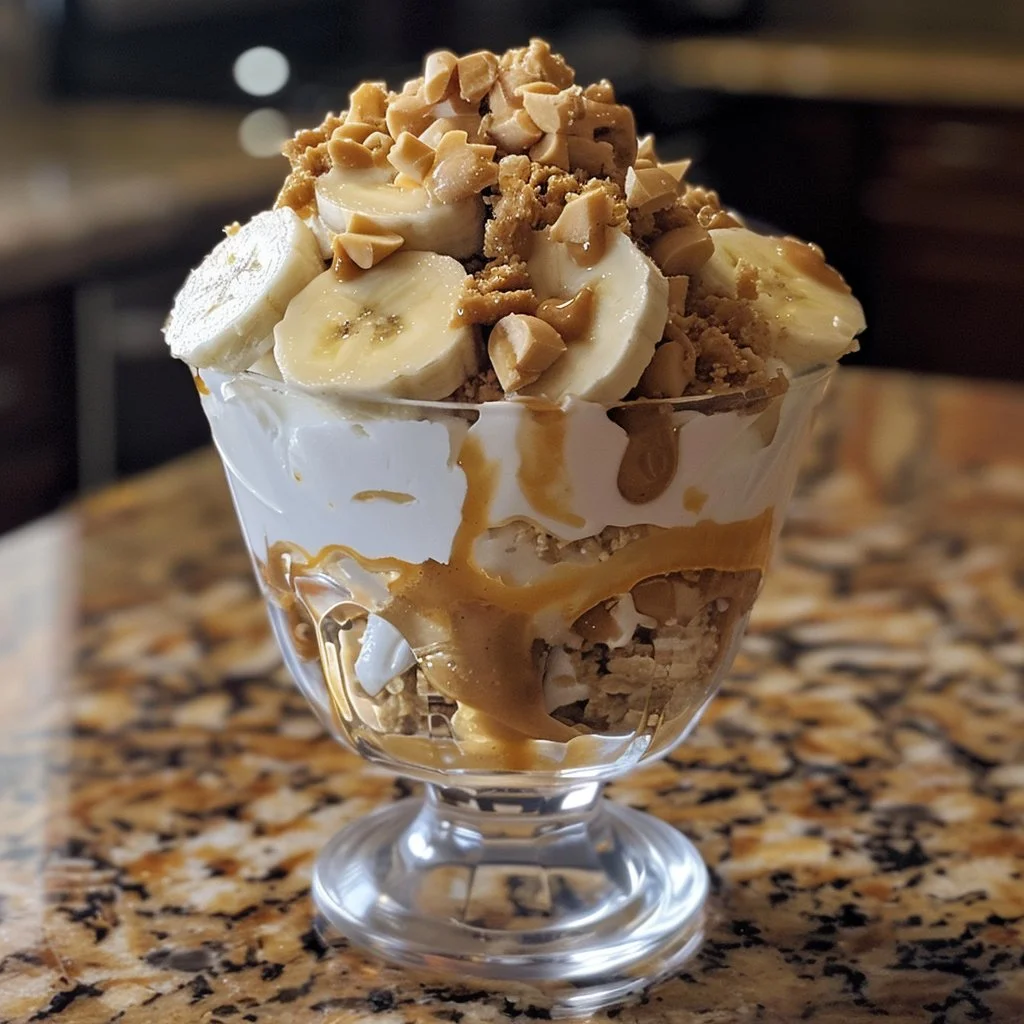 Peanut Butter Yogurt Parfait topped with banana slices and a peanut butter swirl