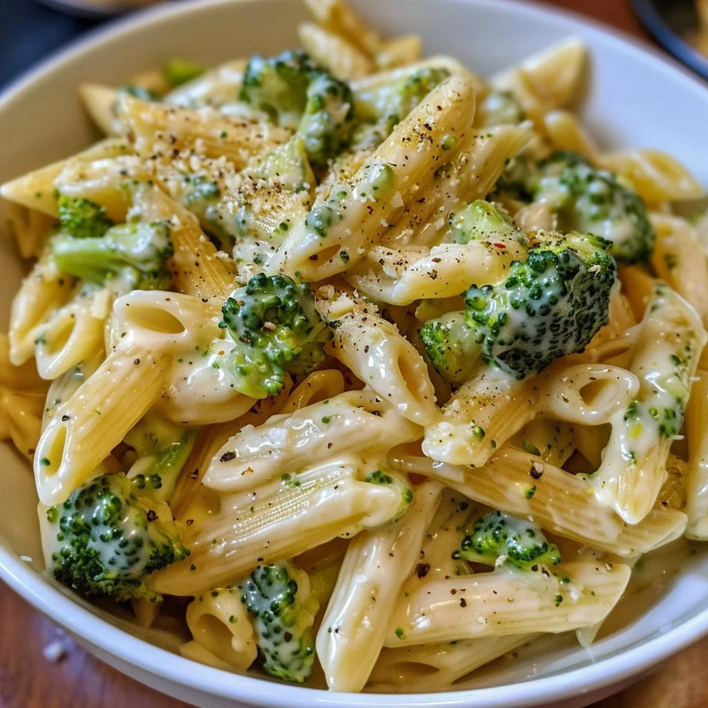 Penne Alfredo with Broccoli in creamy sauce served on a plate