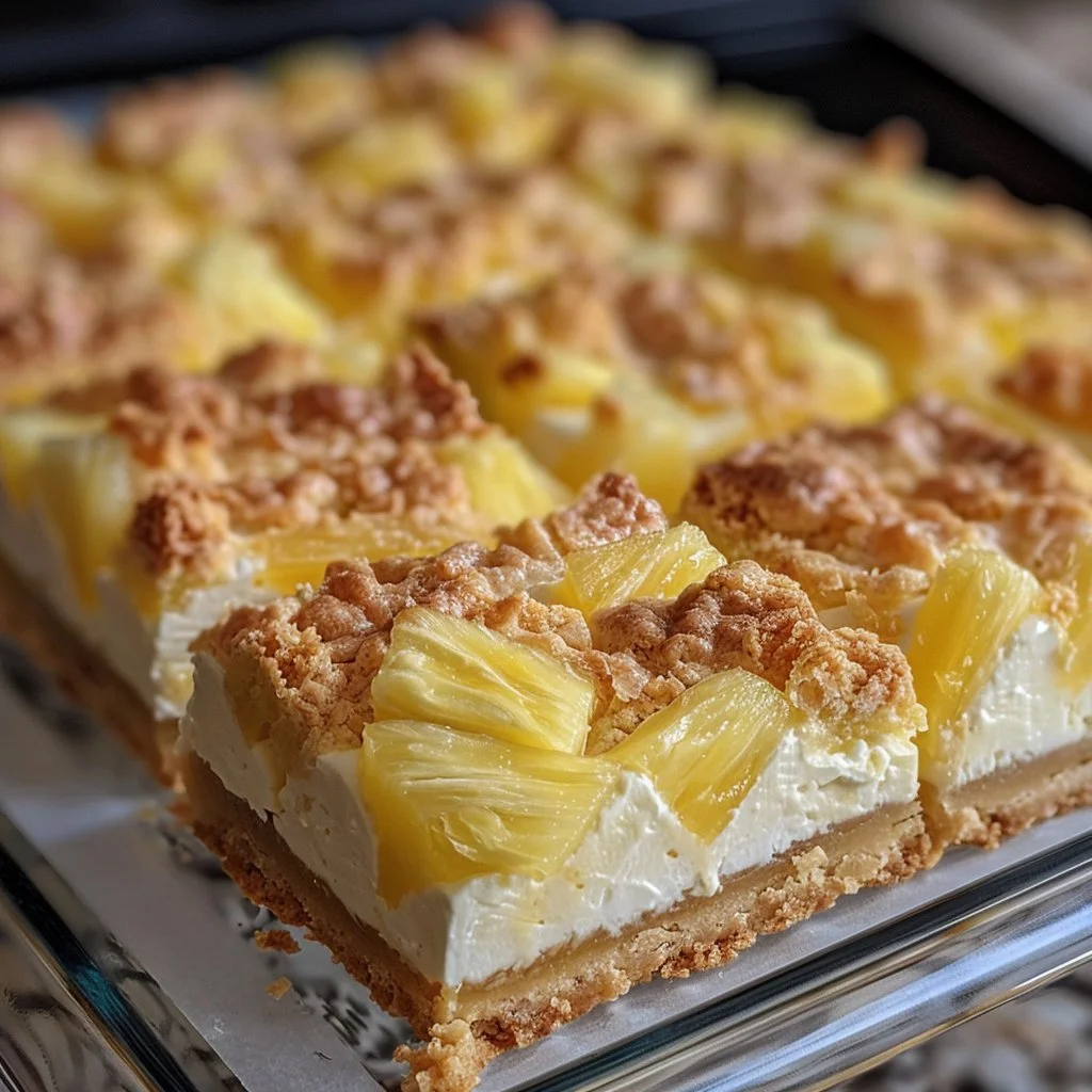 Delicious pineapple cream cheese bars on a plate garnished with fresh pineapple.