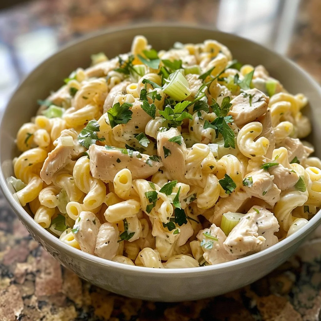 Healthy chicken pasta salad packed with protein and fresh ingredients