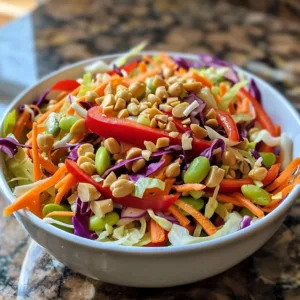 Rainbow Thai Salad with colorful vegetables and creamy peanut dressing
