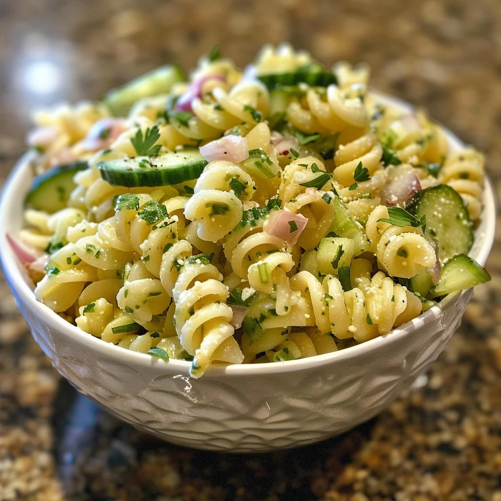 Ranch Cucumber Pasta Salad served in a bowl with fresh ingredients
