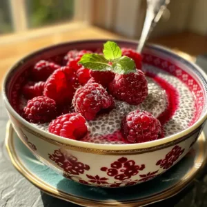 Delicious Raspberry Chia Pudding topped with fresh raspberries and mint
