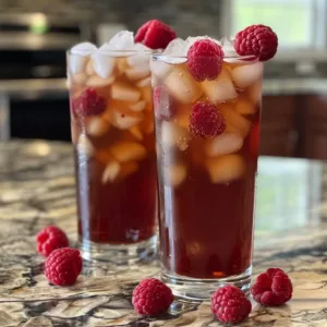 Refreshing glass of raspberry iced tea with berries and ice