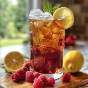 Glass of Raspberry Sweet Tea with fresh raspberries and mint garnish