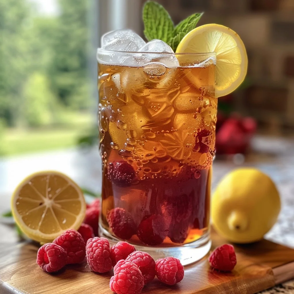 Glass of Raspberry Sweet Tea with fresh raspberries and mint garnish