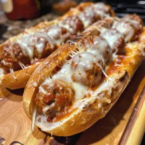 Delicious slow cooker meatball subs ready to be served, topped with marinara sauce and cheese.