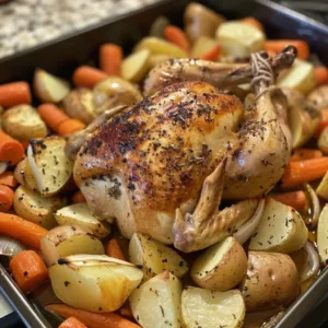 A golden roast chicken surrounded by colorful roasted vegetables on a platter.