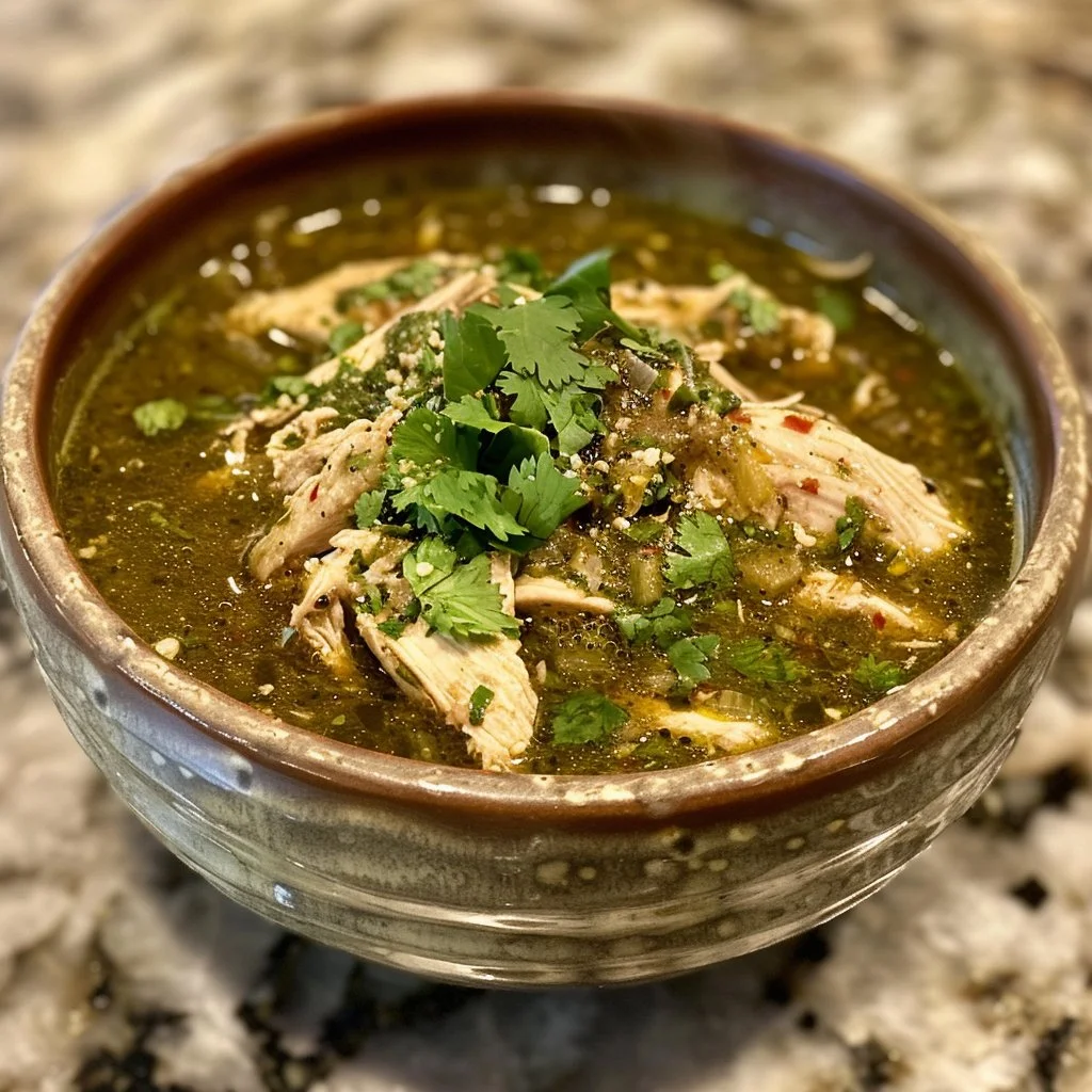Plate of Salsa Verde Chicken garnished with cilantro and lime