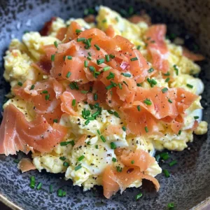 Delicious scrambled eggs topped with smoked salmon and crispy bacon.