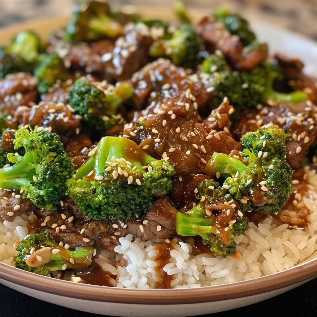 Plate of sesame beef and broccoli garnished with sesame seeds and green onions