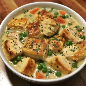 Delicious slow cooker chicken pot pie served in a bowl with vegetables.