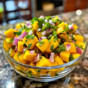 Bowl of spicy mango salsa with colorful fresh ingredients