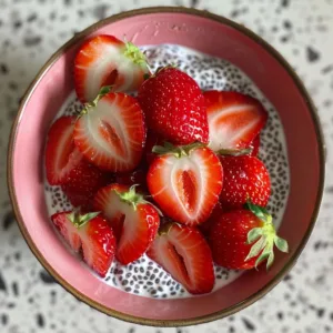 Delicious strawberry chia pudding in a clear glass bowl topped with fresh strawberries.
