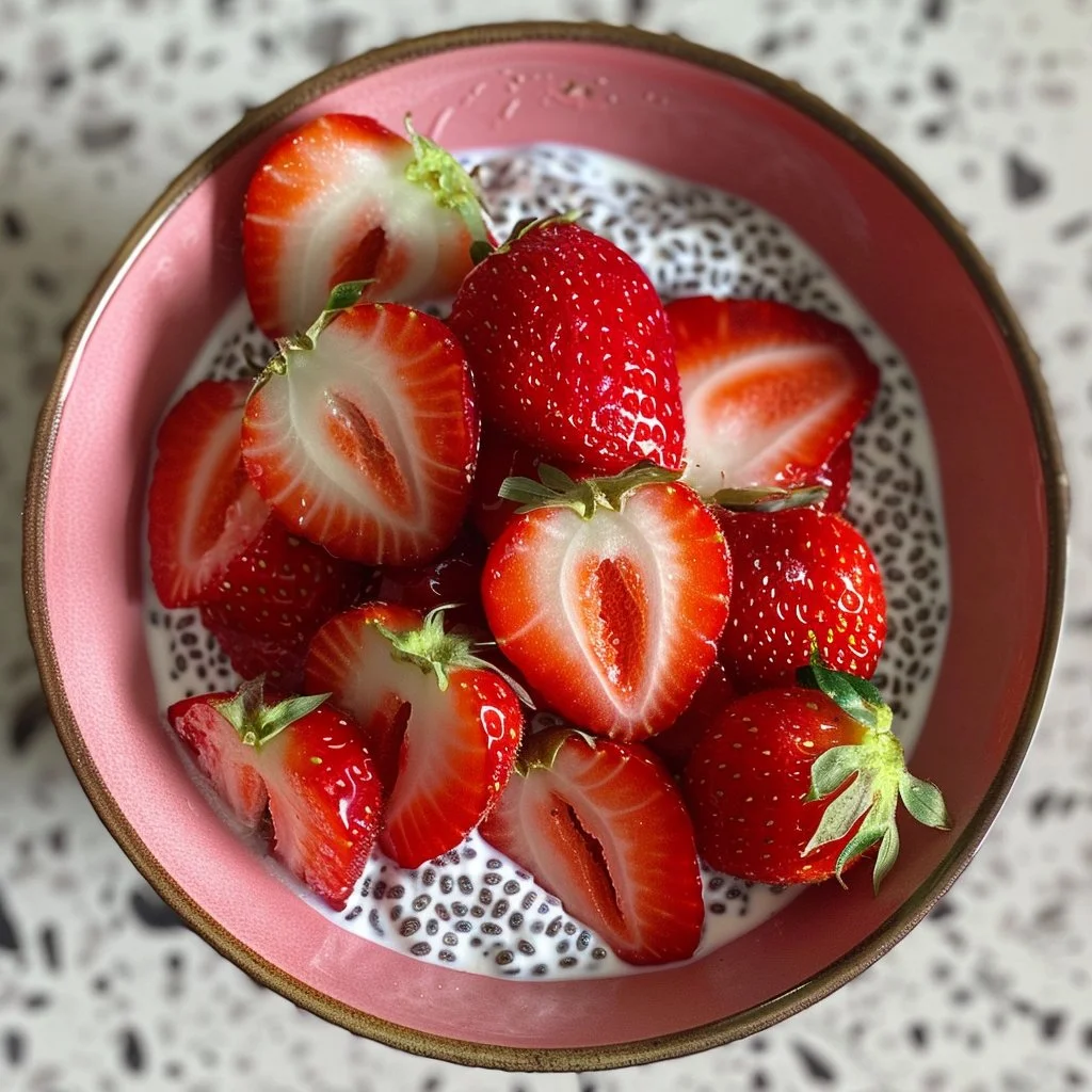 Delicious strawberry chia pudding in a clear glass bowl topped with fresh strawberries.