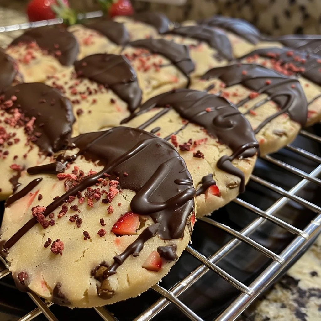 Strawberry-Infused Shortbread Cookies Dipped in Chocolate
