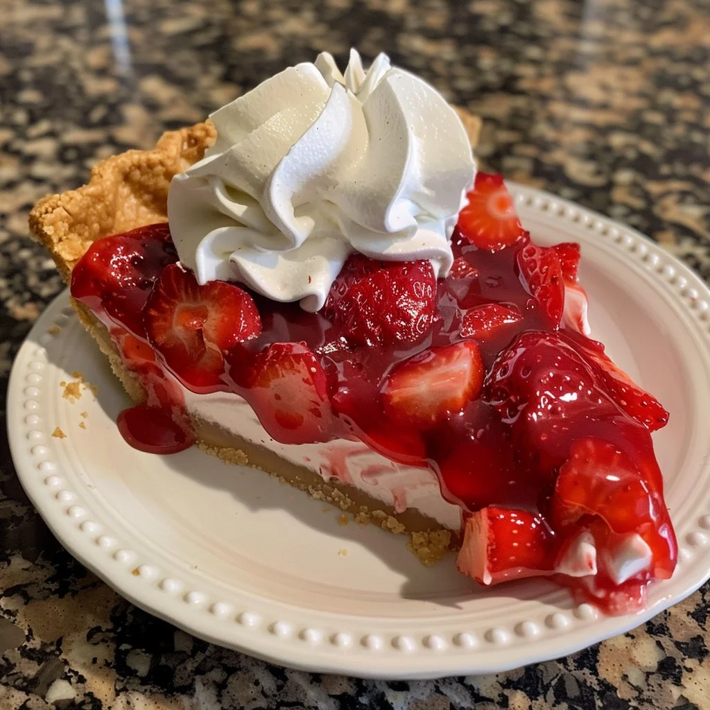 Delicious Strawberry Jello Pie with fresh strawberries and whipped cream on top.