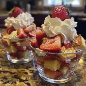 Delicious Strawberry Shortcake Cups topped with fresh strawberries and whipped cream