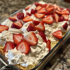 Strawberry Shortcake Icebox Cake topped with fresh strawberries and whipped cream