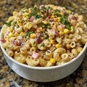 Taco Street Corn Pasta Salad featuring colorful ingredients and tasty spices.