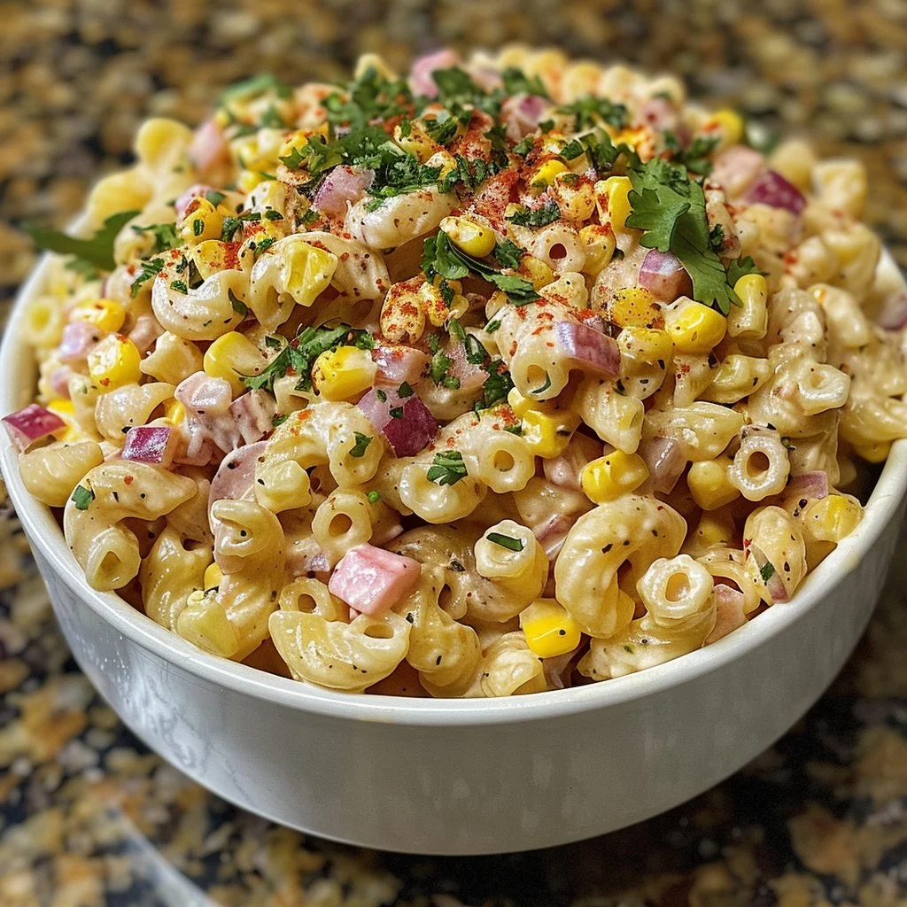 Taco Street Corn Pasta Salad featuring colorful ingredients and tasty spices.