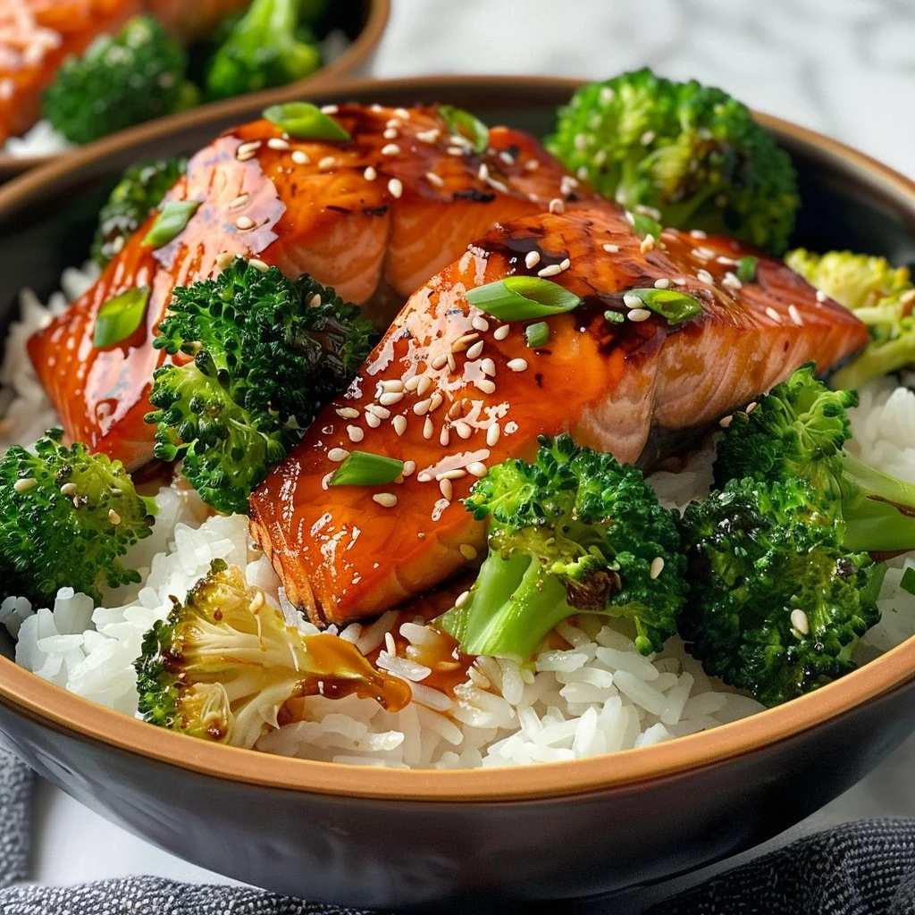 Teriyaki salmon with broccoli served in a bowl, showcasing vibrant colors and flavors.