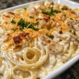 Three Cheese Chicken Alfredo with creamy sauce and pasta