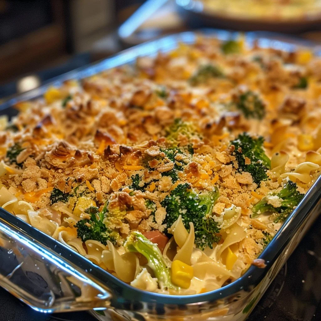 Delicious Tuna Broccoli Casserole topped with cheese and breadcrumbs