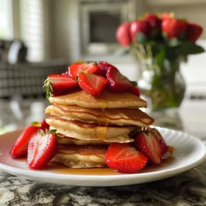 Fluffy vegan strawberry pancakes topped with fresh strawberries and syrup
