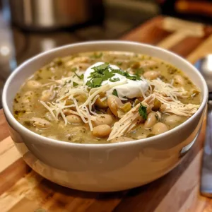 Bowl of creamy White Chicken Chili garnished with cilantro and lime