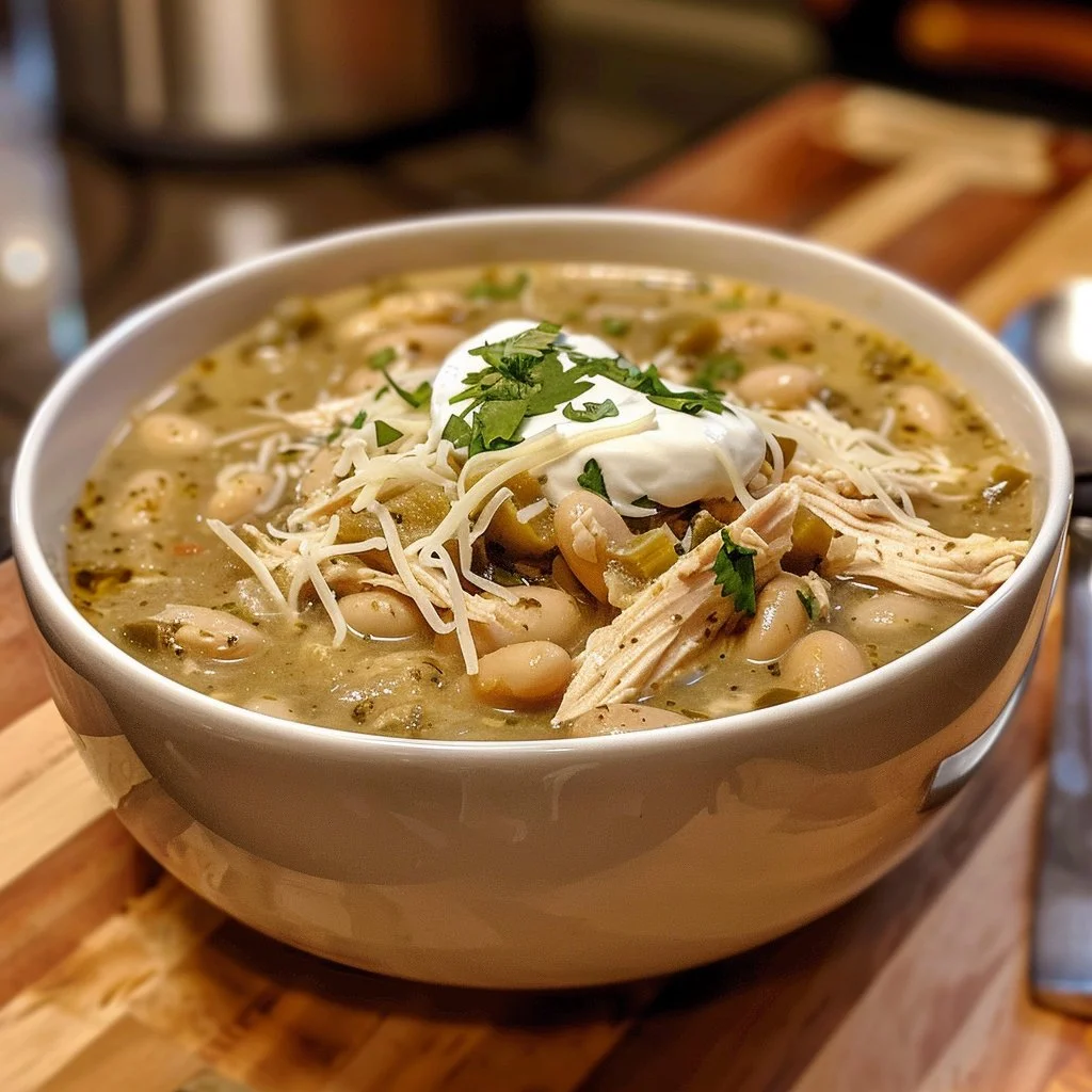 Bowl of creamy White Chicken Chili garnished with cilantro and lime